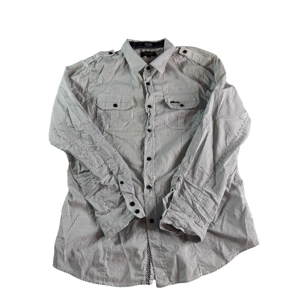 Eighty Eight Platinum Shirt Men XL Black White Striped Button Up Cotton Military